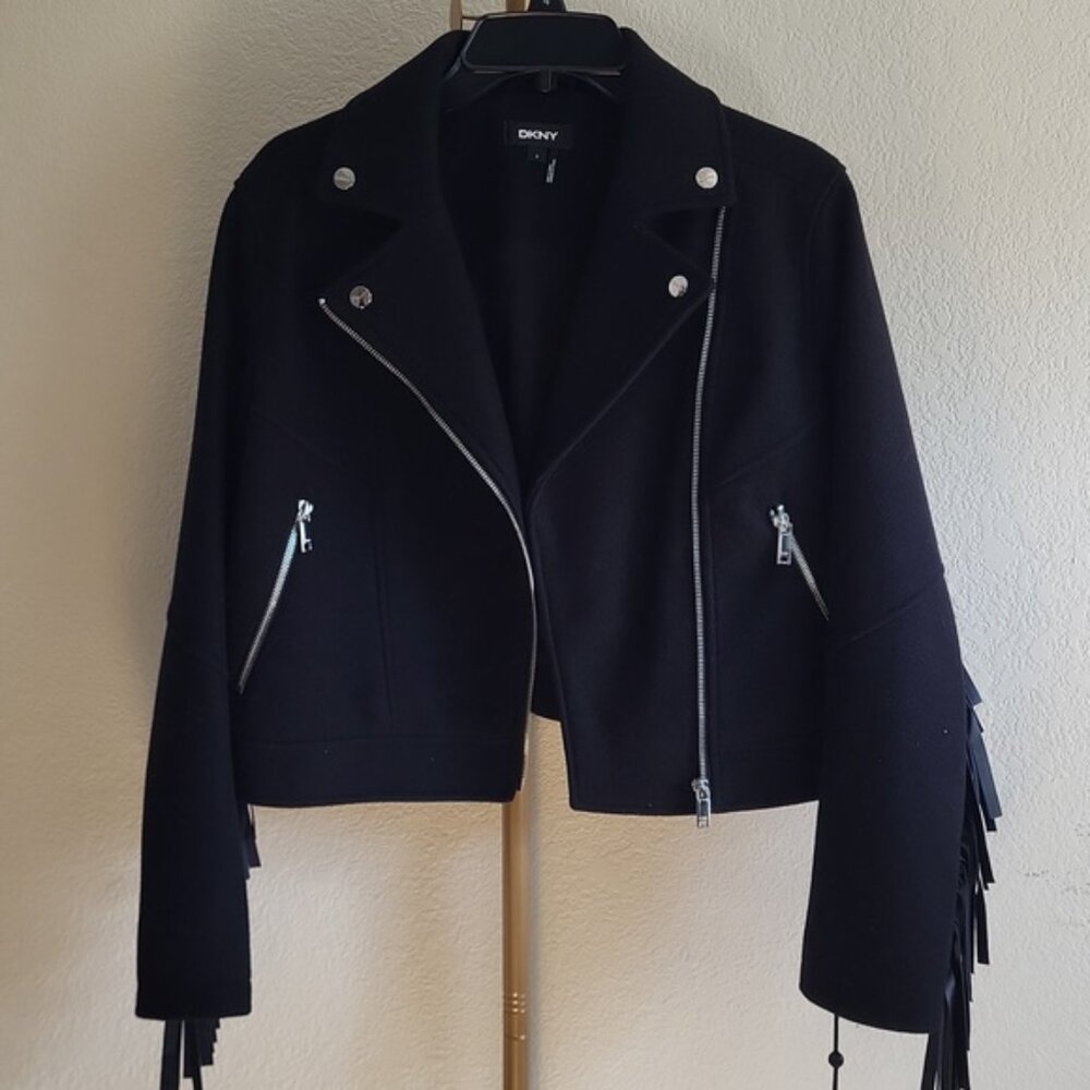 DKNY Black Fringe Moto Jacket SZ S NWT
